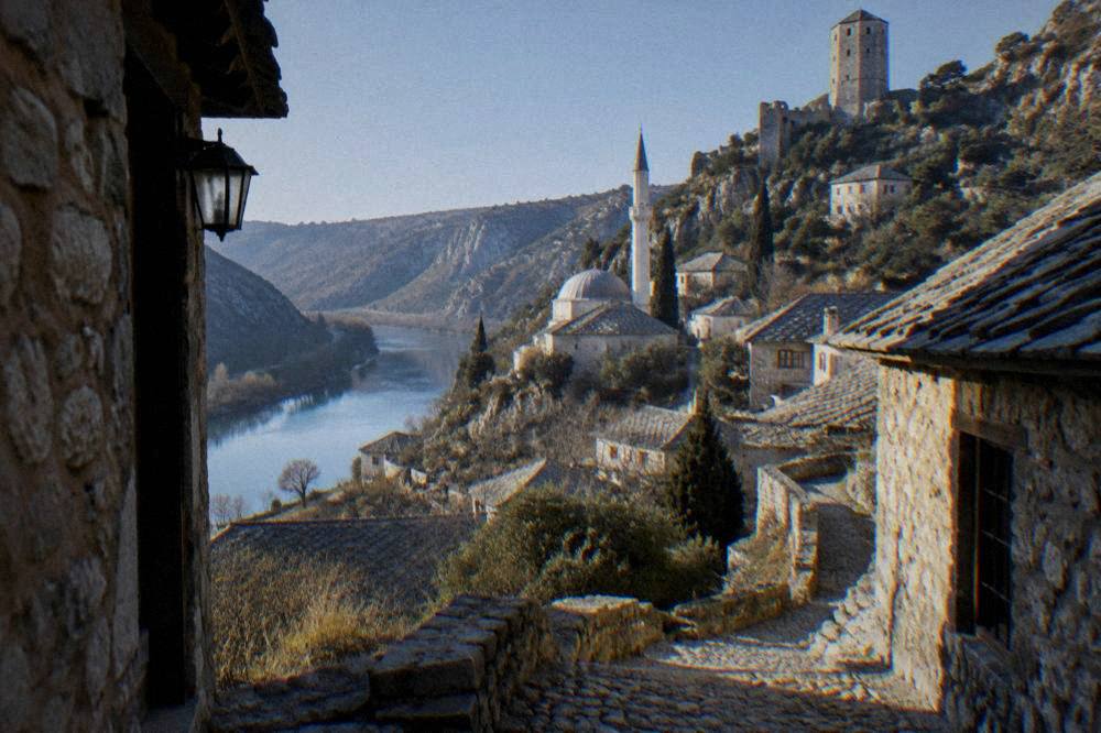 Stone houses of Počitelj village stacked on a hillside with a tower above