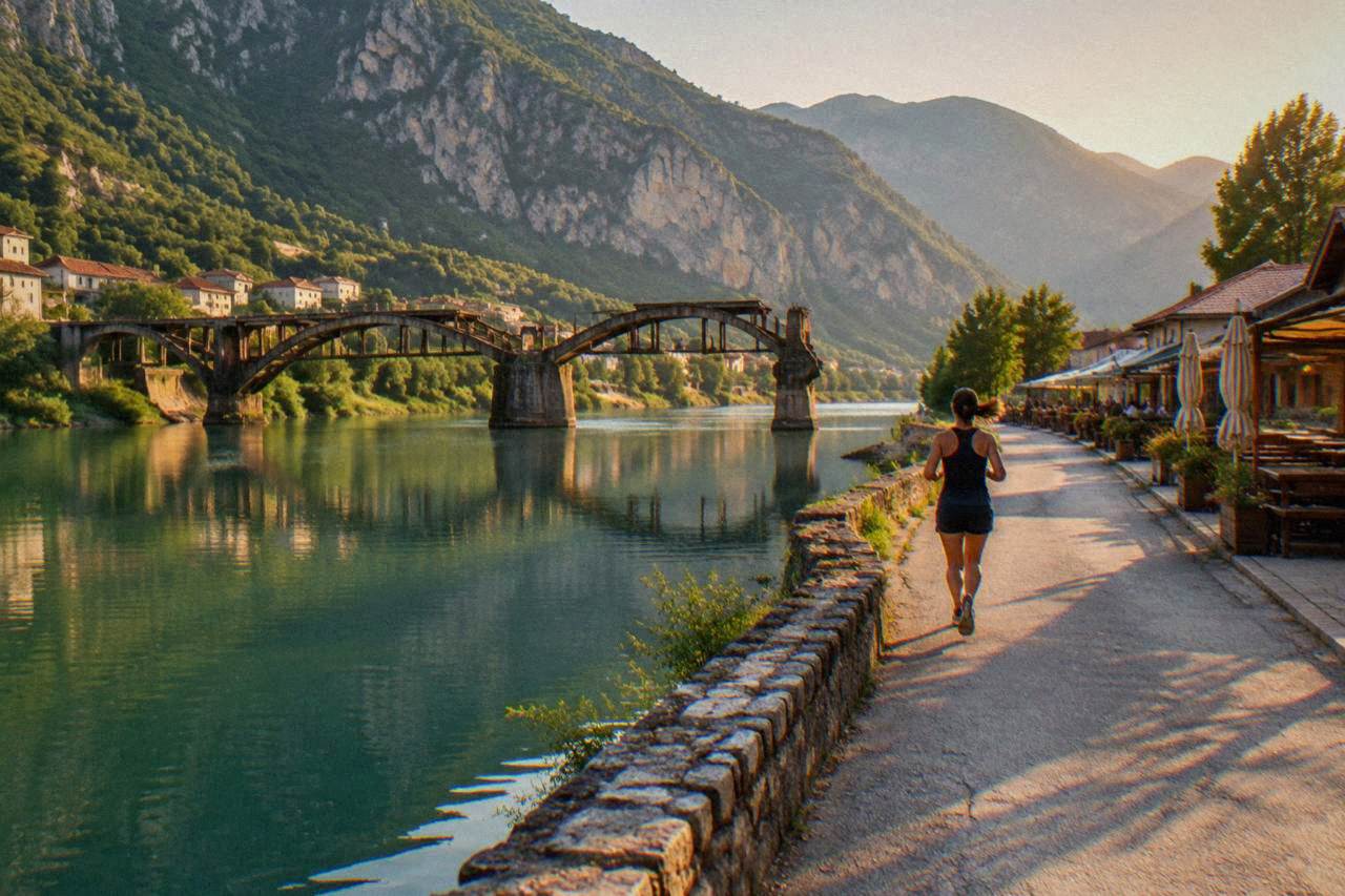The broken iron arches of the Jablanica bridge standing over the green Neretva river