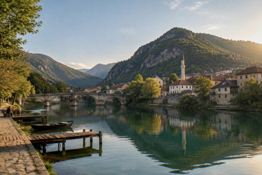 Forest-edged mountain lake with wooden jetties and still water reflecting the hills