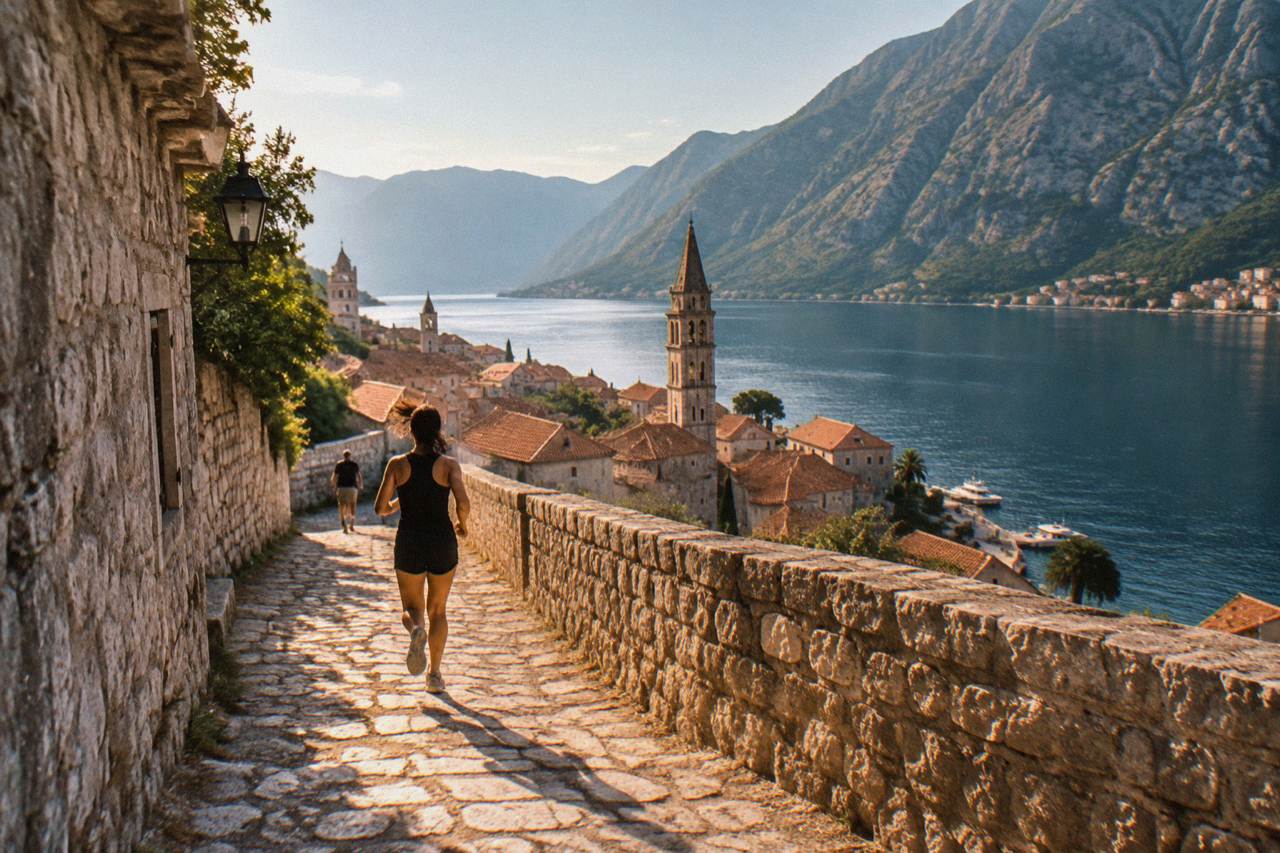 A stone walled town rising from a bay with mountains behind it