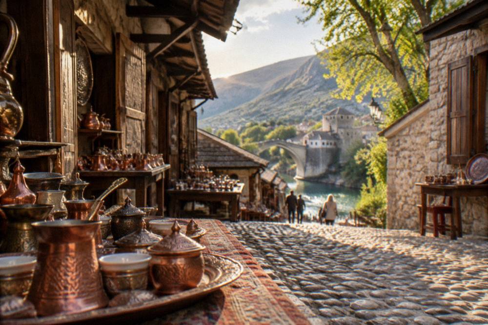 A small stone old town with plane trees beside a quiet river at golden hour