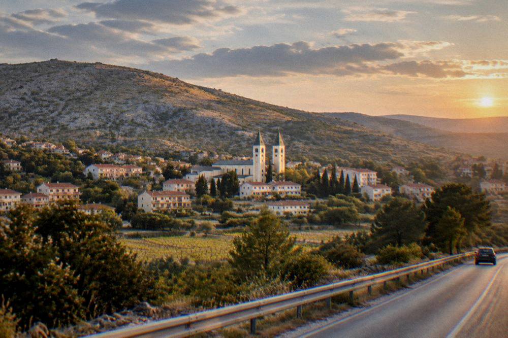 Sunset over Herzegovina hills on the road back toward Mostar