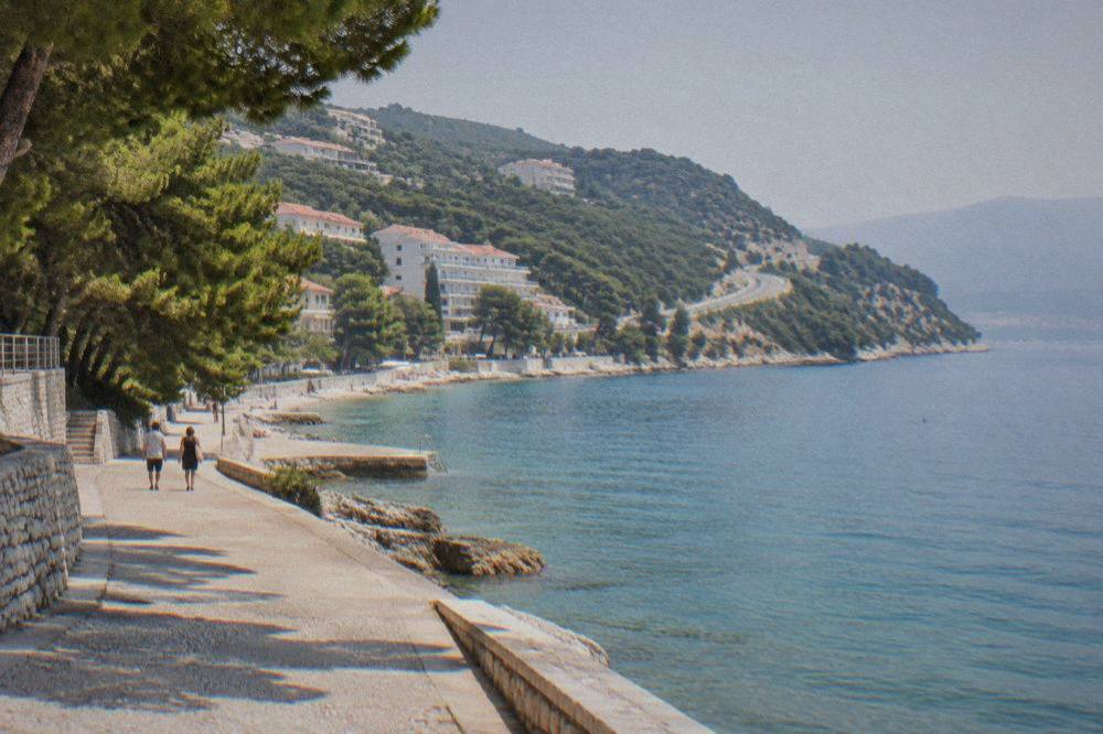 A coastal road winding above a blue bay with wooded hills dropping steeply to the water
