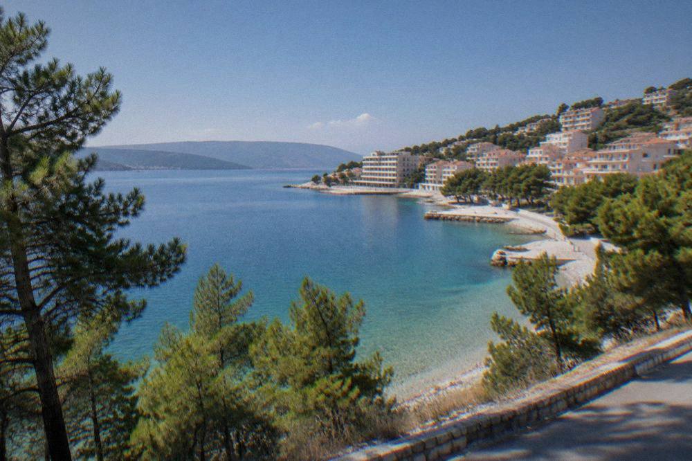 Turquoise water over pale pebbles seen from a hillside road with pine trees in the foreground