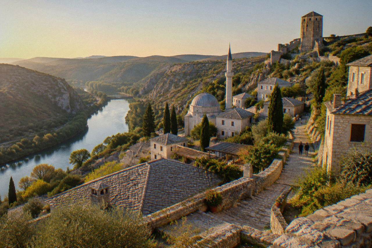 Stone houses of Počitelj stacked on a hillside with a medieval watchtower above the Neretva valley