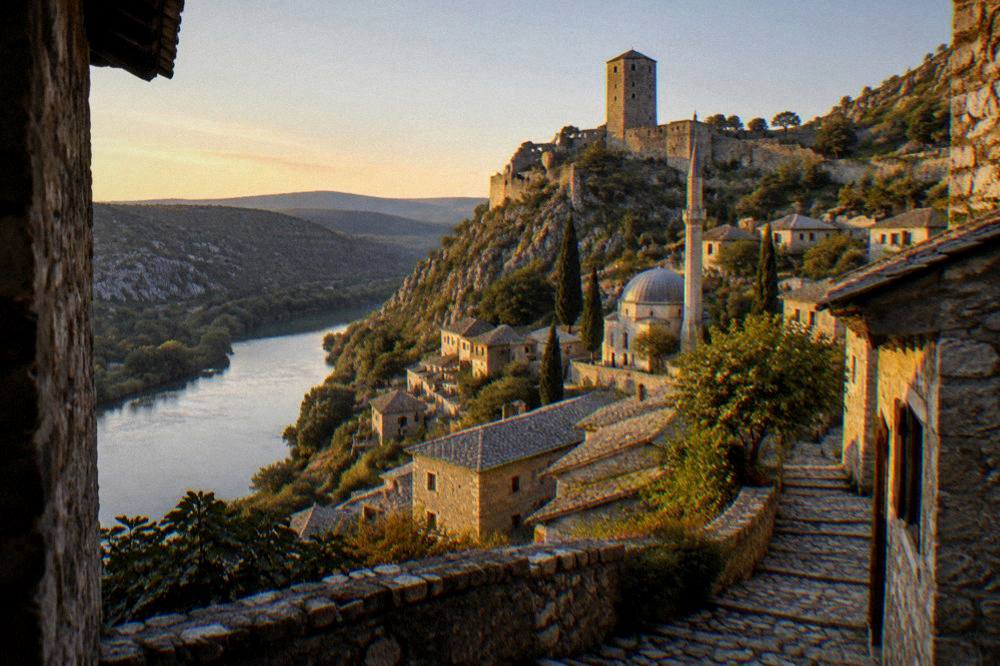 Sunset light on the terraced stone roofs of Počitelj village below the fortress tower
