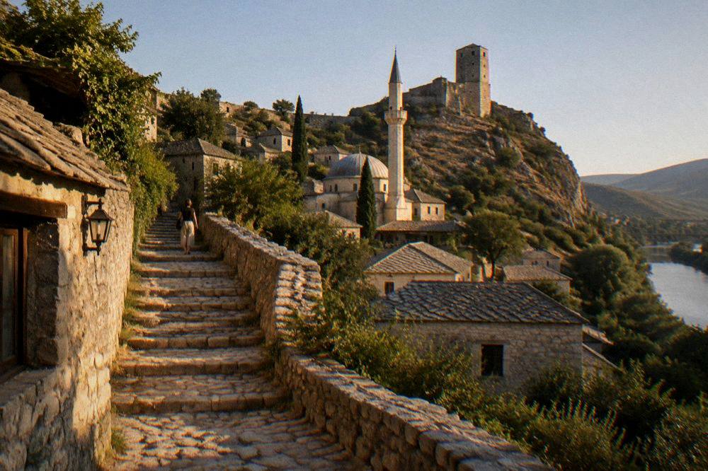 A stone stairway climbing through the walled village of Počitelj