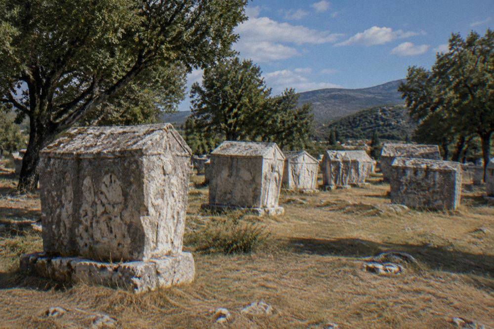 Rows of carved medieval stećci tombstones in a field at Radimlja near Stolac