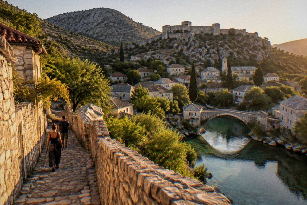 Travellers walking a cobbled lane between stone walls in Herzegovina