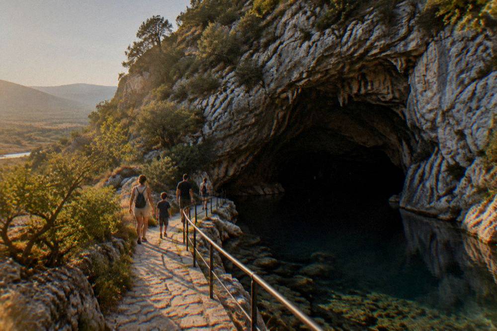 A family walking along the lit walkway beside an underground lake during a guided cave tour