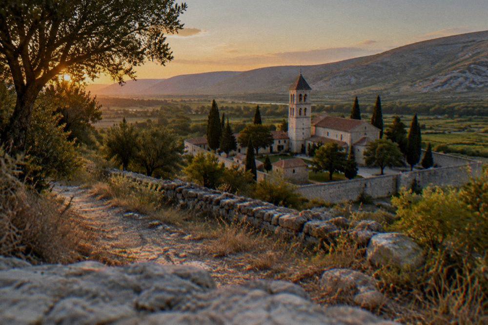 Cypress trees and stone walls of a monastery compound seen from a hillside path at sunset