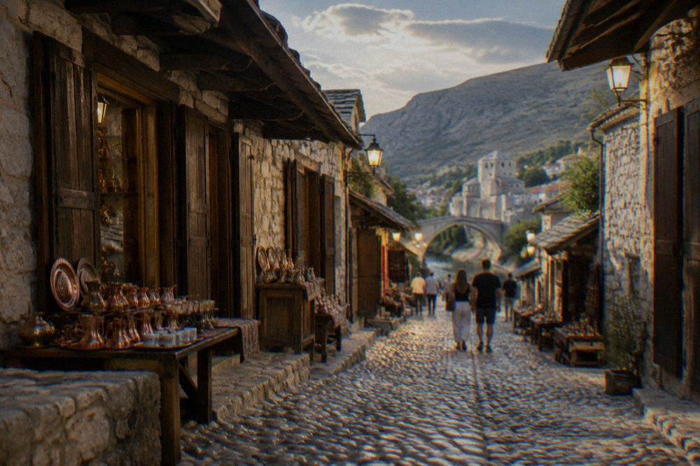 People walking along a lamplit cobbled lane in central Mostar at night