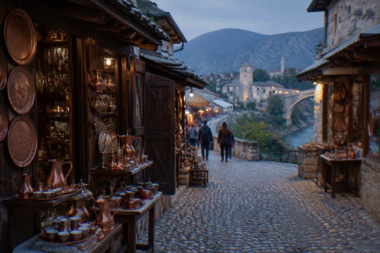 A narrow stone street of the Kujundžiluk bazaar in Mostar lined with small shops displaying hammered copper goods