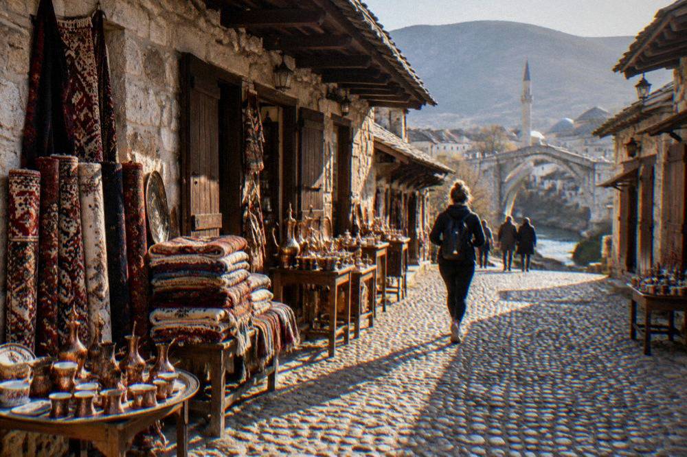 Rolled wool carpets and woven textiles stacked against the wall of a shop in Mostar's old bazaar