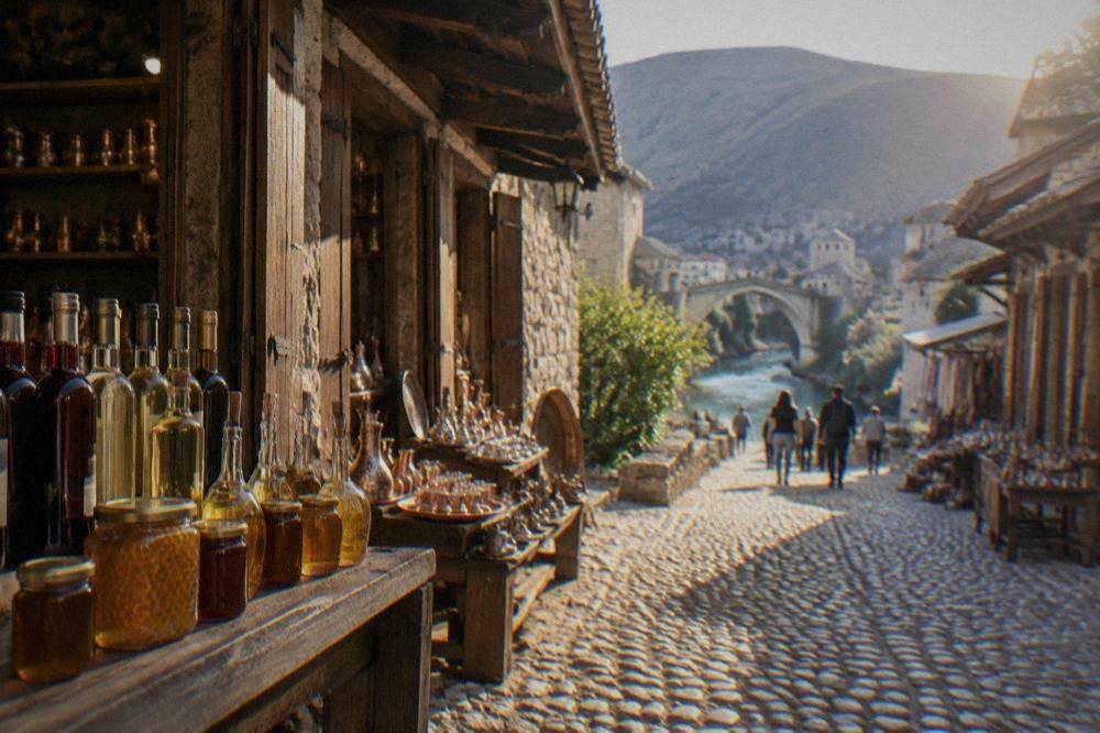 Bottles of local red and white wine, rakija and jars of honey arranged on a wooden shop counter in Herzegovina