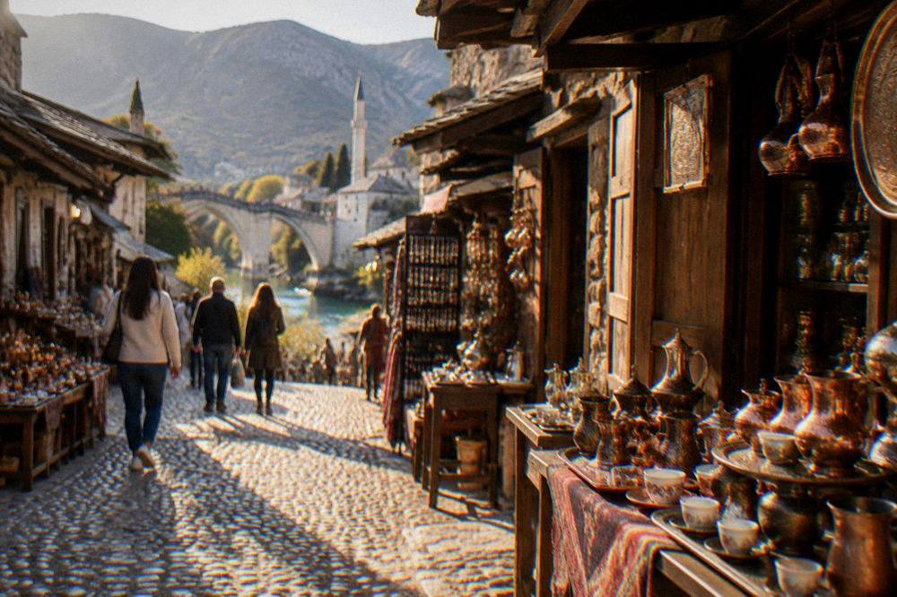 A sunny afternoon on the Kujundžiluk bazaar street in Mostar with shoppers walking between open craft stalls