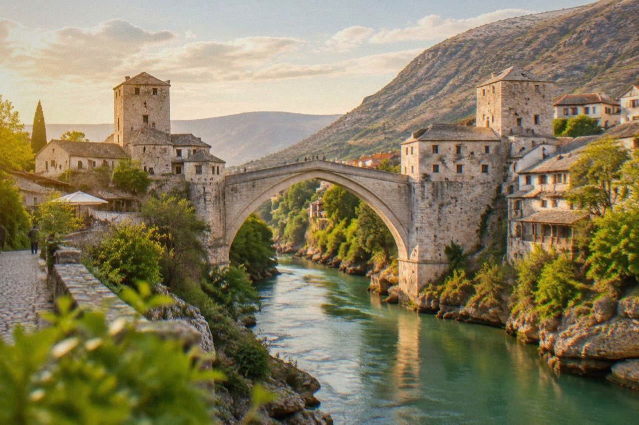 The Old Bridge in Mostar arching over the Neretva river at golden hour