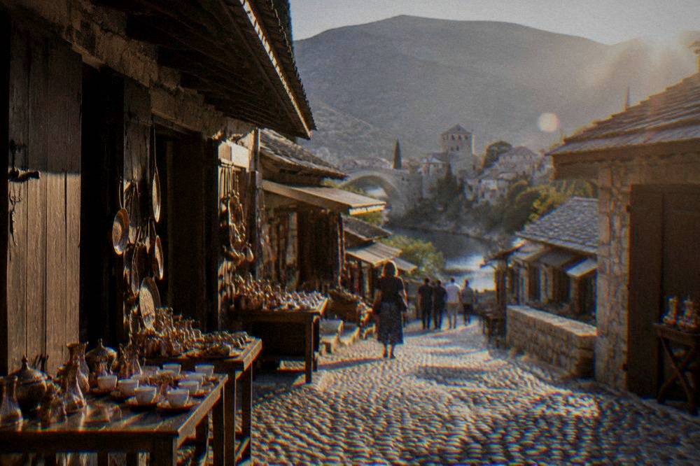 Restored stone buildings and rooftops of the old bazaar street in Mostar