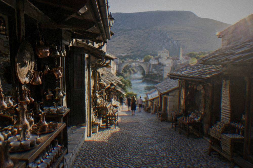 Sunlit rooftops of the Old Bazaar in Mostar on a warm afternoon