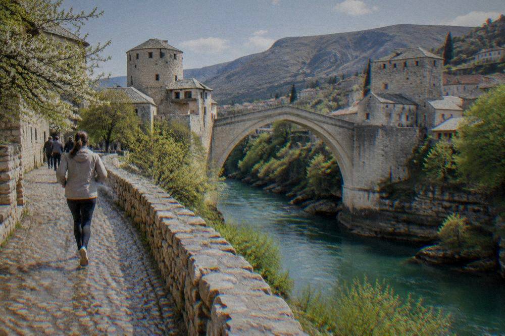 Spring greenery along the Neretva river banks below the Old Bridge in Mostar