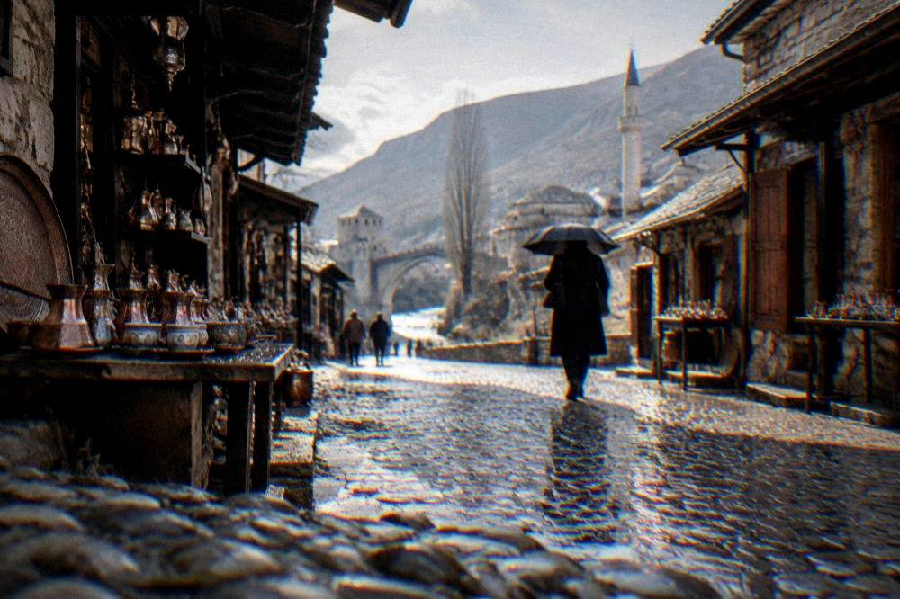 A visitor with an umbrella walking a wet stone street in Mostar's Old Town
