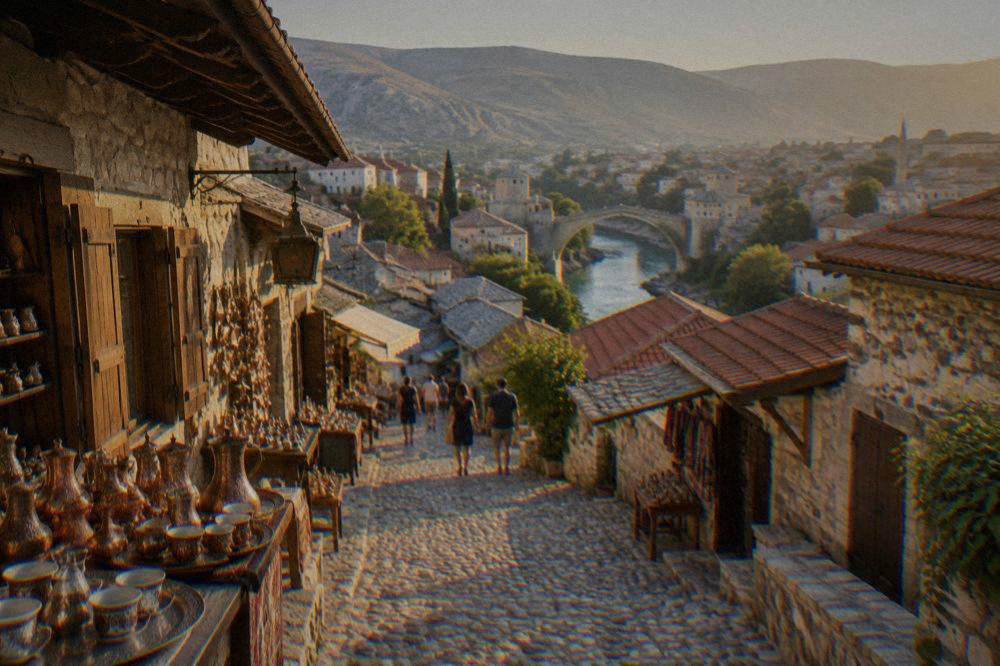 View over red rooftops of the Old Town toward the Neretva river valley