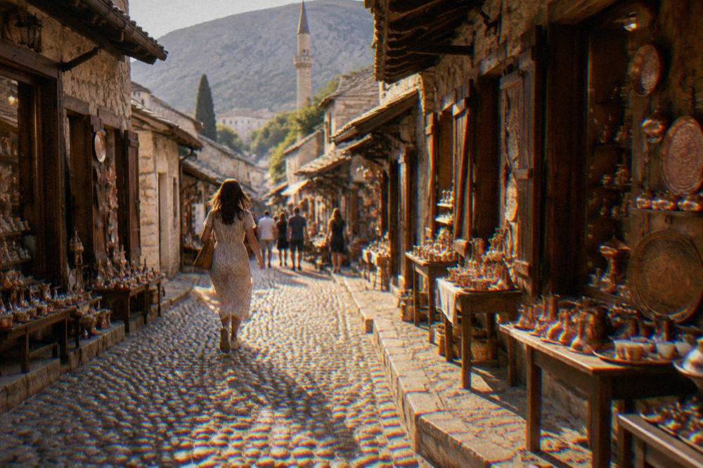 A narrow cobbled street of the Kujundžiluk bazaar in Mostar lined with copper shops