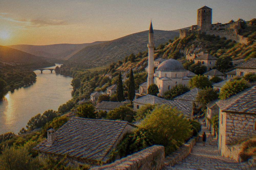 A stone fortress tower above the walled village of Počitelj overlooking the Neretva valley