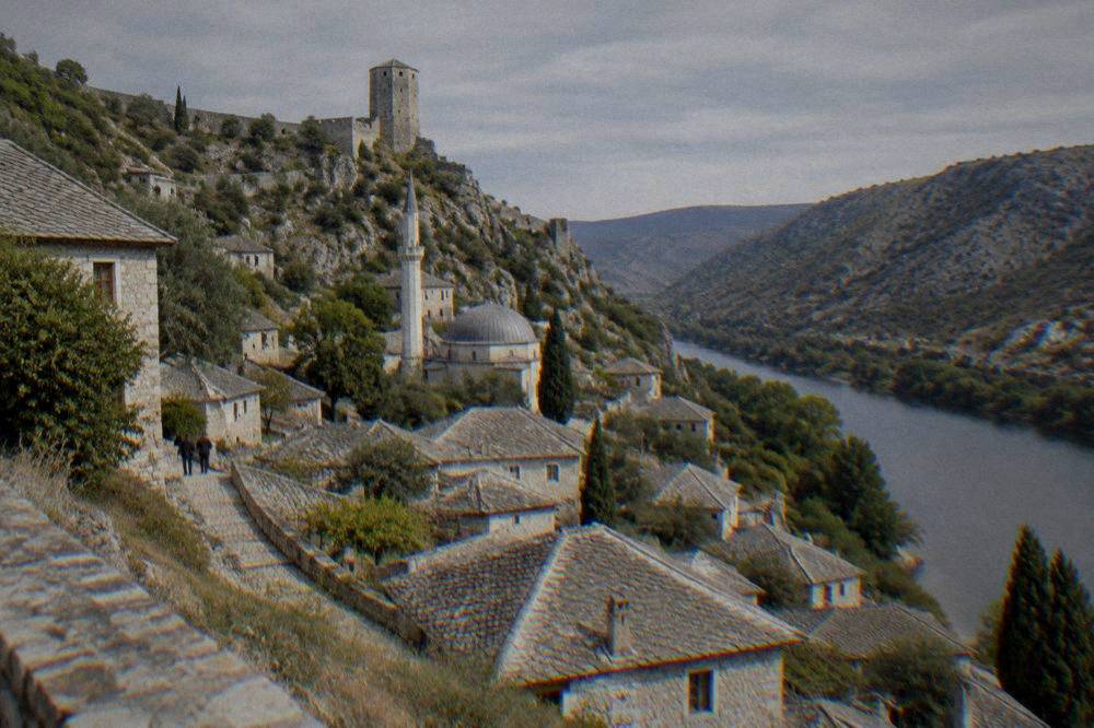 A stone watchtower and fortress walls above the terraced roofs of Počitelj village