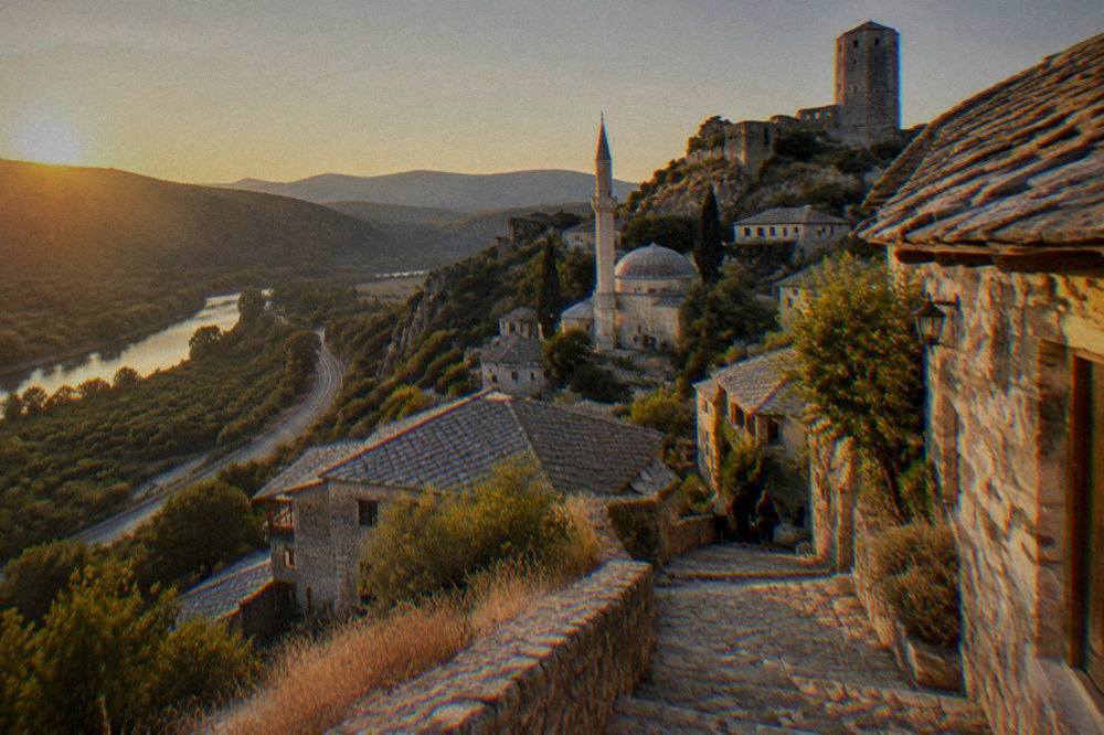 The Neretva valley road winding between orchards and hills in Herzegovina