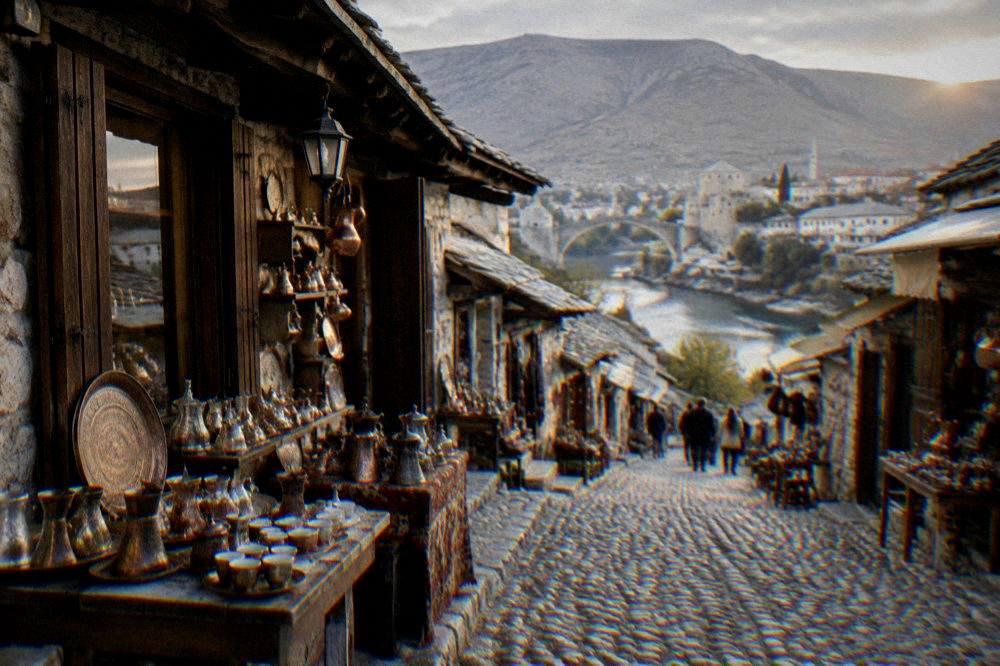 Evening light on the Neretva river and rooftops of Mostar's Old Town