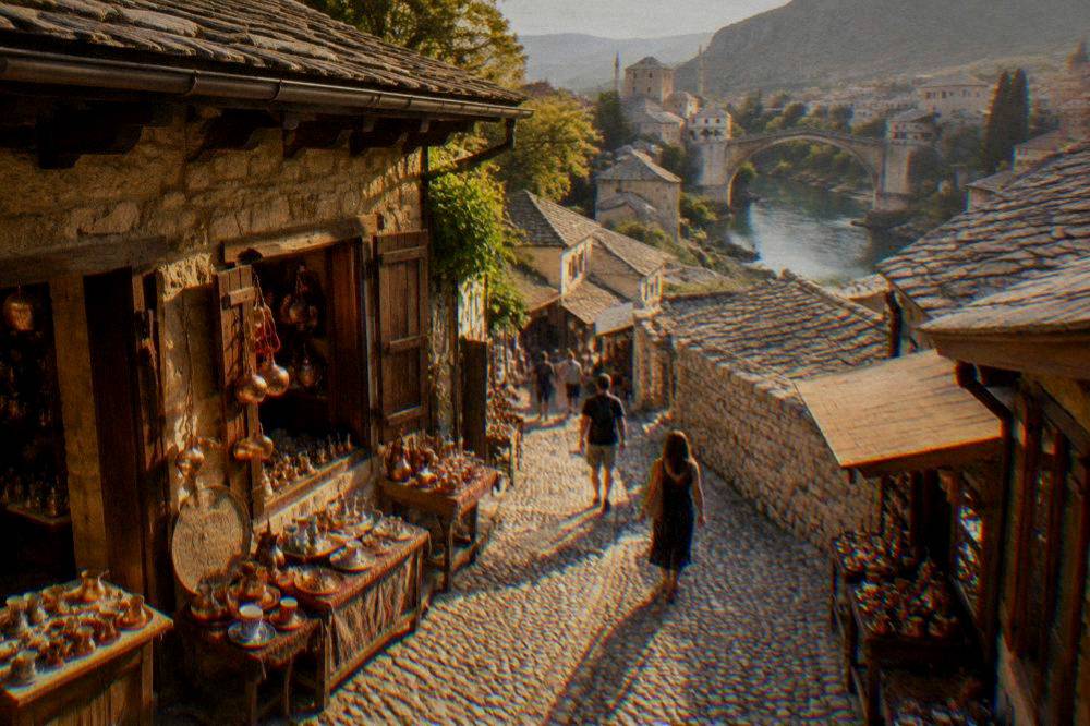 The cobbled bazaar street Kujundžiluk in Mostar lined with small shops