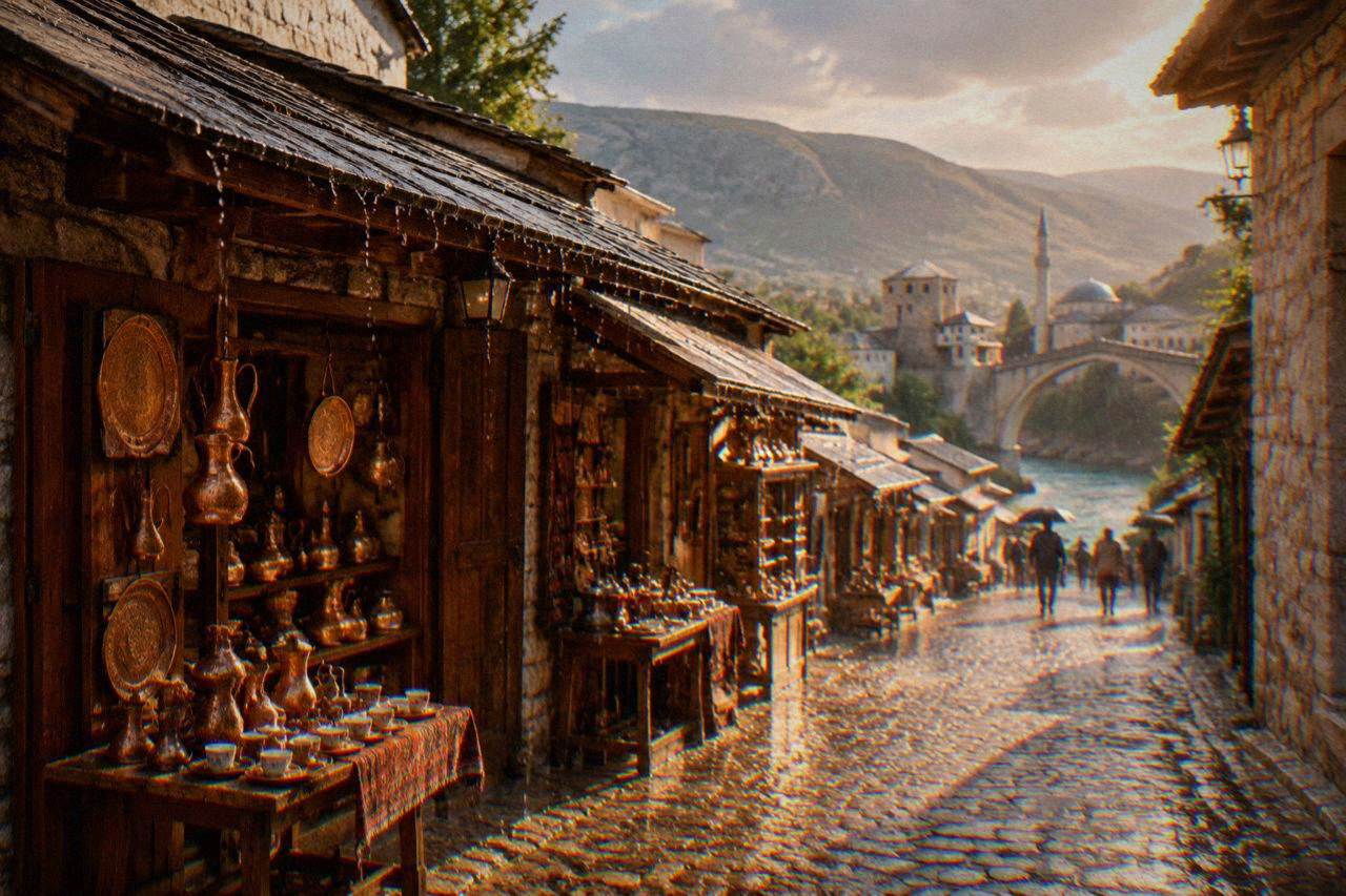 Rain falling on the stone streets and shop roofs of the old bazaar in Mostar