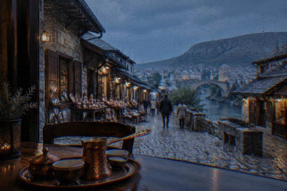 A copper coffee pot and small cups on a table inside a Mostar cafe while rain streaks the window
