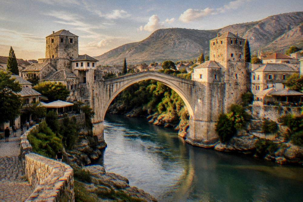 The Old Bridge and the Neretva river in Mostar under clearing skies after rain