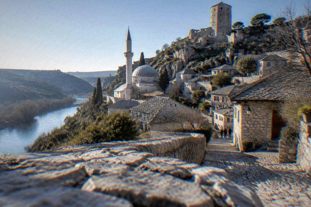 Stone tower and terraced roofs of the fortified village of Počitelj above the Neretva