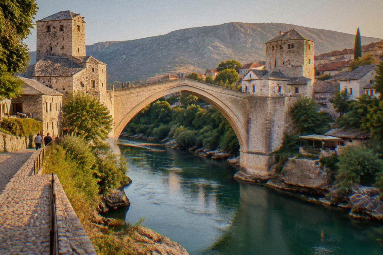 The Old Bridge arching over the green Neretva river in Mostar at golden hour
