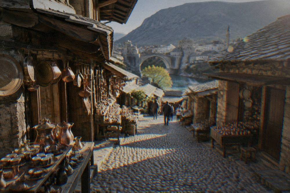 Coppersmith stalls lining the stone lane of the Kujundžiluk bazaar in Mostar
