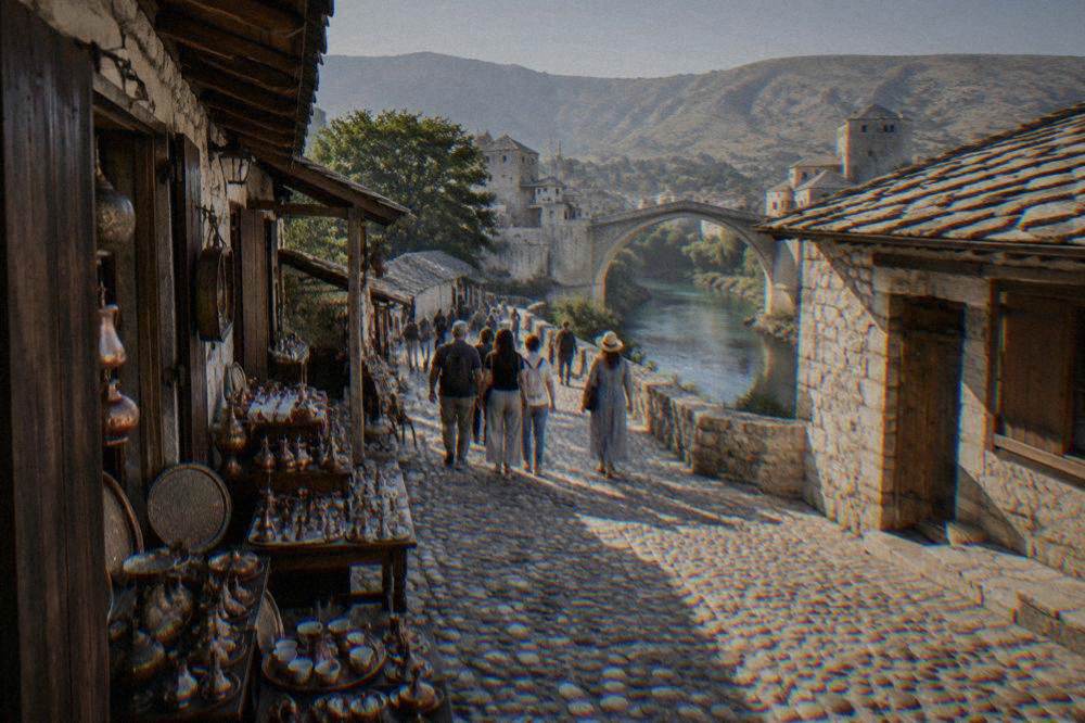 A paid small-group walking tour paused near an old stone bridge in Mostar