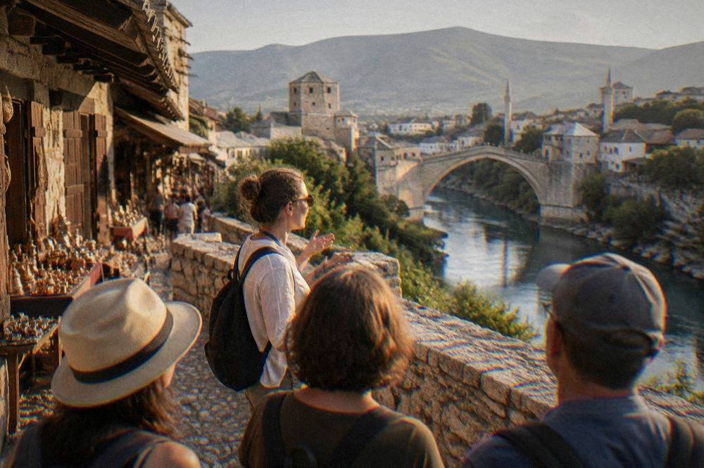 A guide speaking to a small group of visitors on a stone terrace above the river