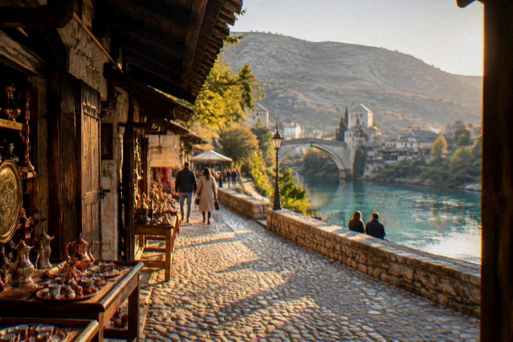 People strolling along a riverside promenade beside turquoise water in the evening
