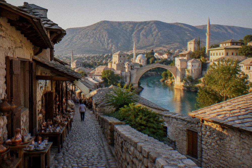 Golden evening light on a stone bridge and the minaret skyline above the river
